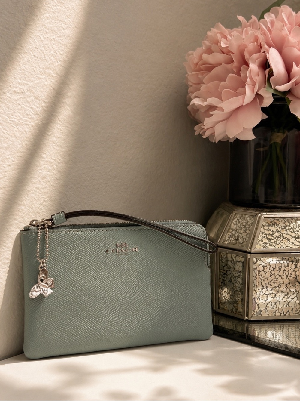 Coach Dusty Blue Wristlet/Wallet with Silver Butterfly Charm